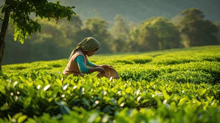 Fotobehang woman in india picking green tea leaves from tea bushes (Generative AI) © Salander Studio