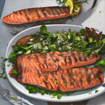 Grilled Salmon with Herb Sauce, food photography
