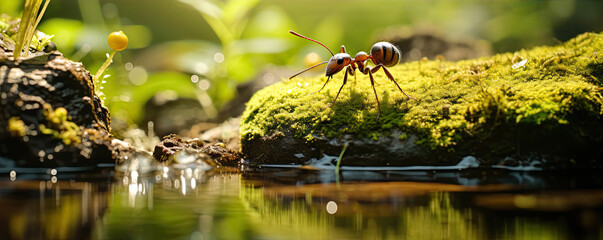 Ant in green nature near water or forest brook. Ants drinking detail, copy space for text.
