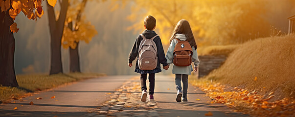 Obraz premium Rear view of two children going to school again. Way from school wide