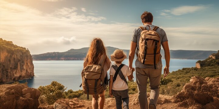 A family with backpacks, traveling together - viewed from behind, a symbol of shared adventures and journeys. Generative AI