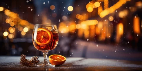 Fototapeten Mulled wine on a wooden background, place for text, product, Christmas background. Generative AI © 22_monkeyzzz