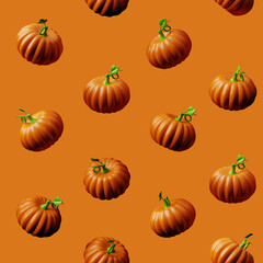 Seamlhess cartoon Halloween pumpkin pattern on yellow background. 3d render