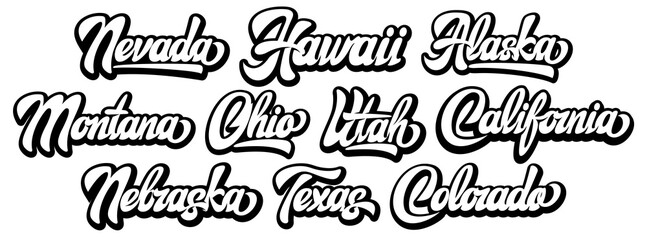 Set of ten templates of different American states. Calligraphic stylish lettering for design