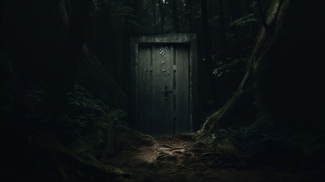 A mysterious door hidden in the heart of a lush forest