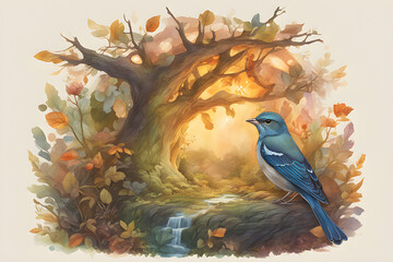 birds, birds, watercolors, paintings, illustrations, AI, works, trees,