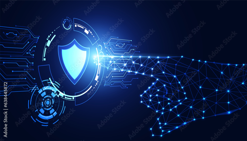 Poster abstract background digital concept hand is pointing cyber security shield anti virus malware spy pr