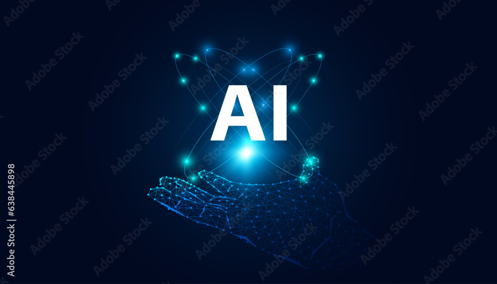 Poster abstract artificial intelligence on hand digital and technology background with atom circle light sy