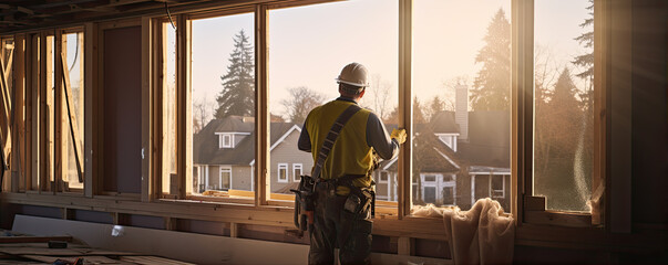 worker install new windows in house. Construction big window work wide banner