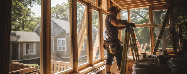 Naklejka premium worker install new windows in house. Construction big window work wide banner