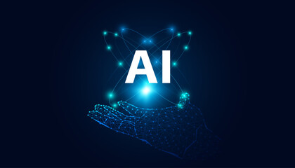 Abstract Artificial Intelligence on hand digital and Technology Background with atom circle light Systems light blue.