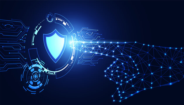 Abstract background digital concept hand is pointing cyber security shield anti virus malware spy protection cyber theft security On a blue-black background