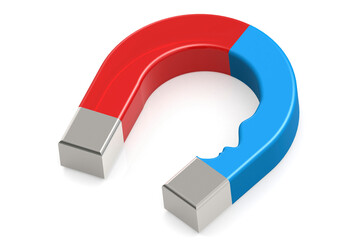 Red and blue magnet with human head for attraction psychology concept