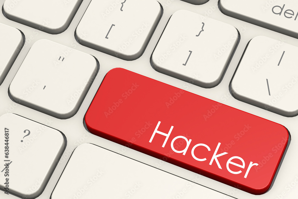 Poster hacker word on red laptop keyboard