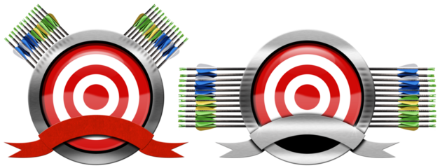 Two circle archery metal symbols with arrows, target and blank ribbon with copy space, isolated on white or transparent background. Illustration and photography, template for sports organization, png.