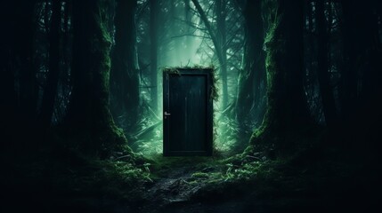 A vibrant green door nestled in of a lush forest