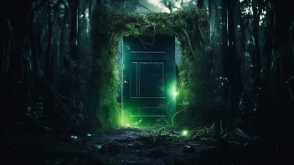 A vibrant green door nestled in of a lush forest