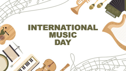 International Music Day. Background with musical instruments. Guitar, violin, harp, button accordion, piano.