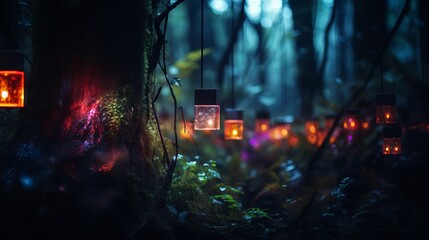 A magical forest illuminated by countless lanterns