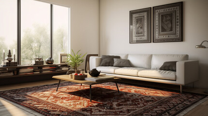Living room design with oriental touches, sofa and carpets