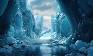 Ice Glacier with a Blue Lagoon Caves Visable Underwater in the Lagoon Icy Environment AI Generative
