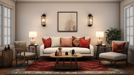 Living room design with oriental touches, sofa and carpets