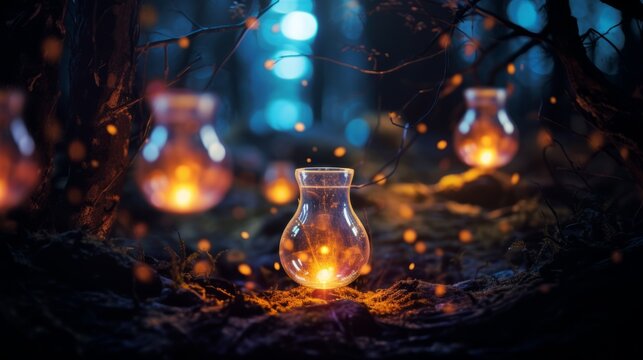 A magical forest illuminated by countless lanterns