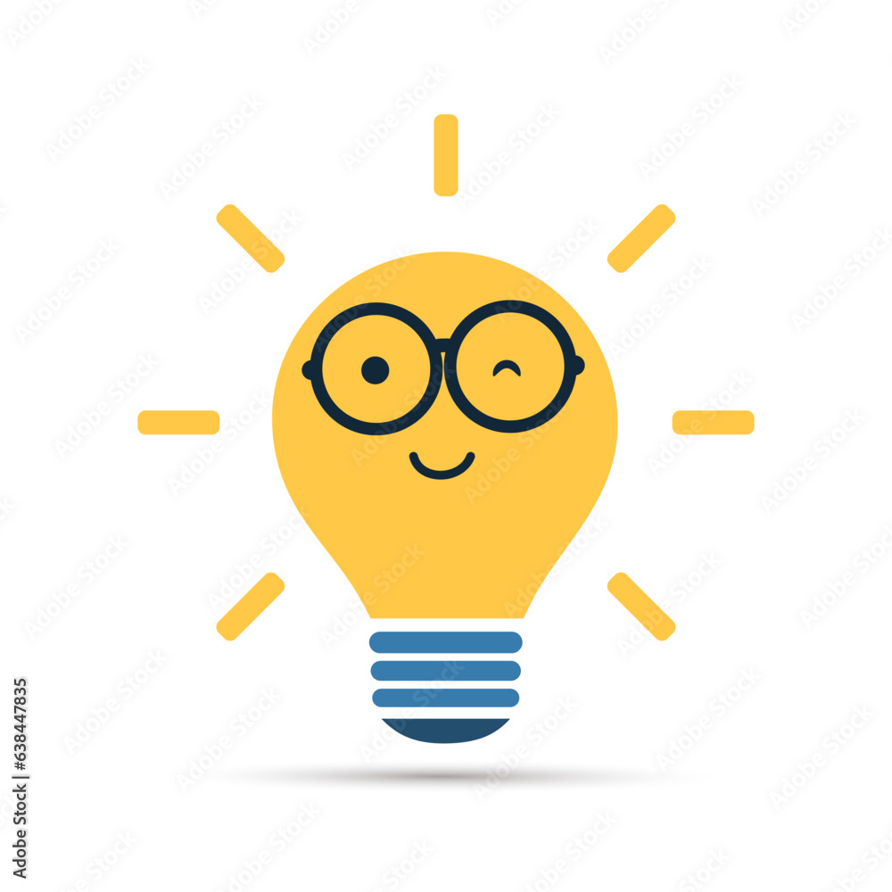 Poster smart idea - design concept with shining bright smiling nerd orange lightbulb emoji wearing round gl