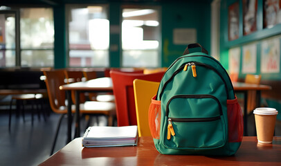 Back to school concept. Big green backpack or schoolbag on desk in classroom - obrazy, fototapety, plakaty