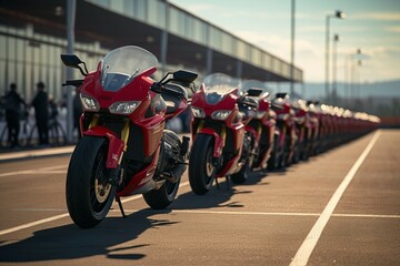 Front and center Row of motorcycles with Honda stands poised in attention Generative AI - obrazy, fototapety, plakaty