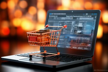 Online retail at its core Laptop, shopping basket, keyboard epitomize e commerce vision Generative AI