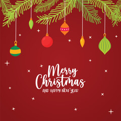 Christmas Banner with fir branches and decoration ornaments elements on red background. Bright Christmas and New Year Background light garlands Vector illustration