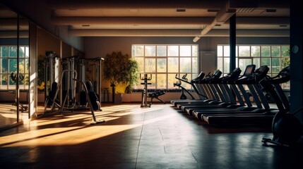 Interior of a fitness hall with sport equipment. Horizontal.