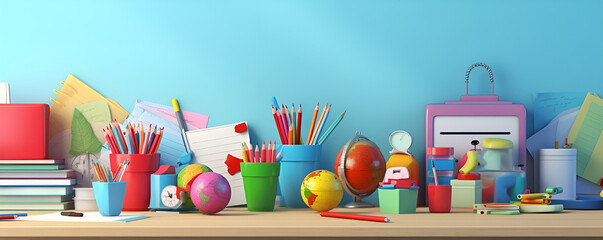 Back to school concept. Different various supplies, stationery at home desk
