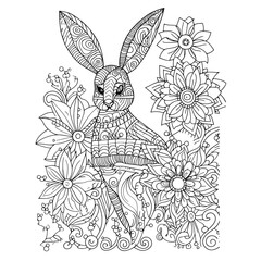 Easter bunny and flowers. Zentangle style. Hand drawn vector illustration.
