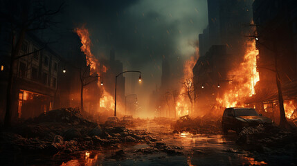 Empty street of burnt up city. Apocalyptic view of city downtown as disaster film poster concept. City destroyed by war, Generative Ai