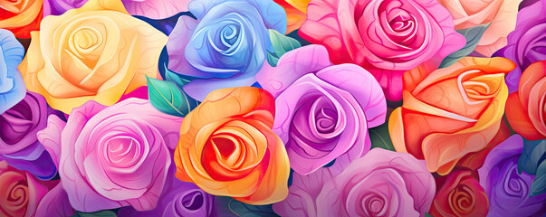 Colored flowers wallpaper top view. Rainbow roses wide banner
