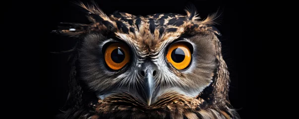 Fotobehang Funny owl portrait against dark night background. eagle-owl head detail. © Michal