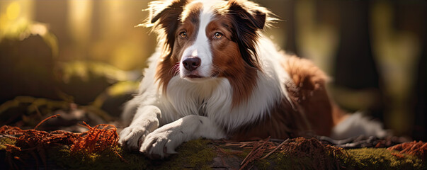 Fototapeta premium Border collie in nature autumn colors. Dog portrait in sunset light. banner or copy space for text