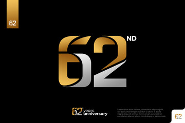 Gold and silver number 62 logo icon design on black background, 62nd birthday logo number, 62 anniversary