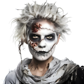 Close-up portrait of a scary zombie girl with makeup on white background