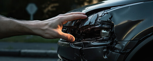 Car accident with major damage. Man hands show on damage car after accident.