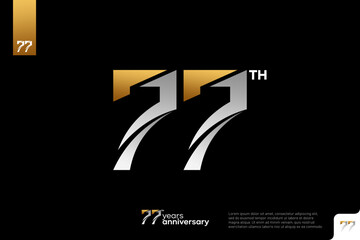 Gold and silver number 77 logo icon design on black background, 77th birthday logo number, 77 anniversary