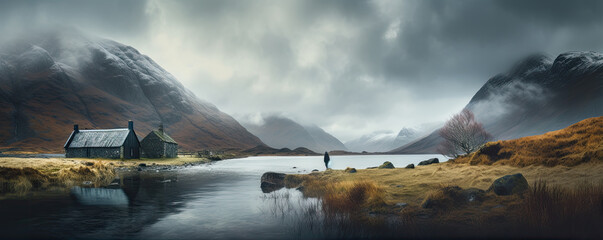 winter Scotland or norway hills in foggy day, Misty mountines and rain weather, dramatic sky in Scottish highlands,