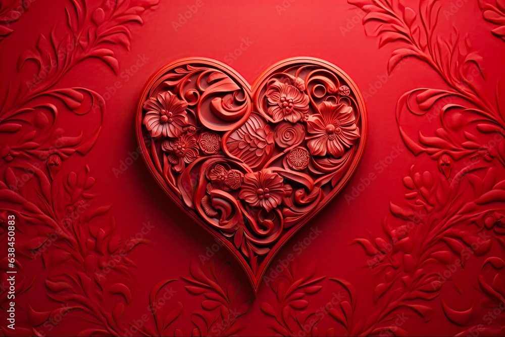 Wall mural carved heart red rose and flower on warm generative ai valentine's day background. generative ai