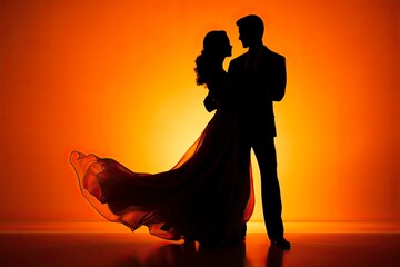 Backlit Ballroom Dancers Silhouette Tangoing - Full-length Couple Dancing Salsa, Isolated Latino...