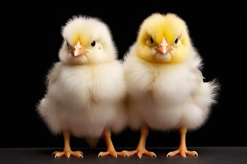 Fototapeta na wymiar Close-up of Two Young Broiler Chickens. Isolated Fluffy Chicks in a Hen House Setting: Generative AI