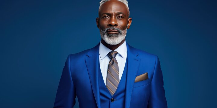 Close-up portrait of a stylish grey haired African American middle aged man in a blue suit. Photo with copy space on blue background.