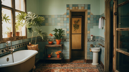 Generative AI, retro boho hotel bathroom, Puerto Rico style. Bright colors and plants
