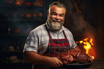 Smiling Adult Caucasian Man Cooking Steak on Stove - Delicious Food and Cooking Concept. Generative AI